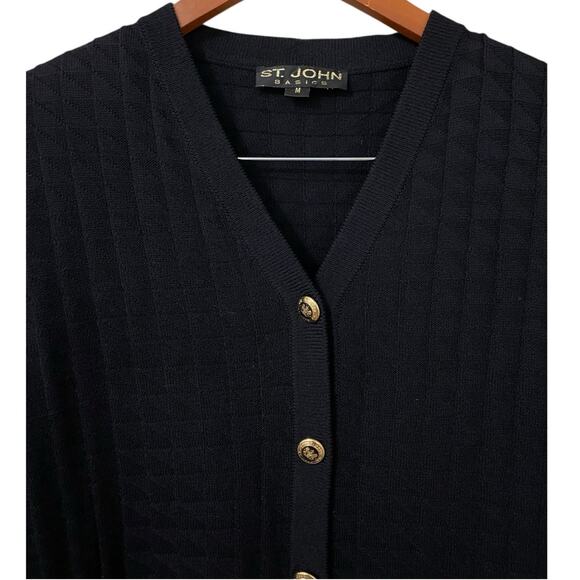 St. John Short Sleeve Cardigan Sweater Medium Black Button Front Knit Preppy - Picture 4 of 6